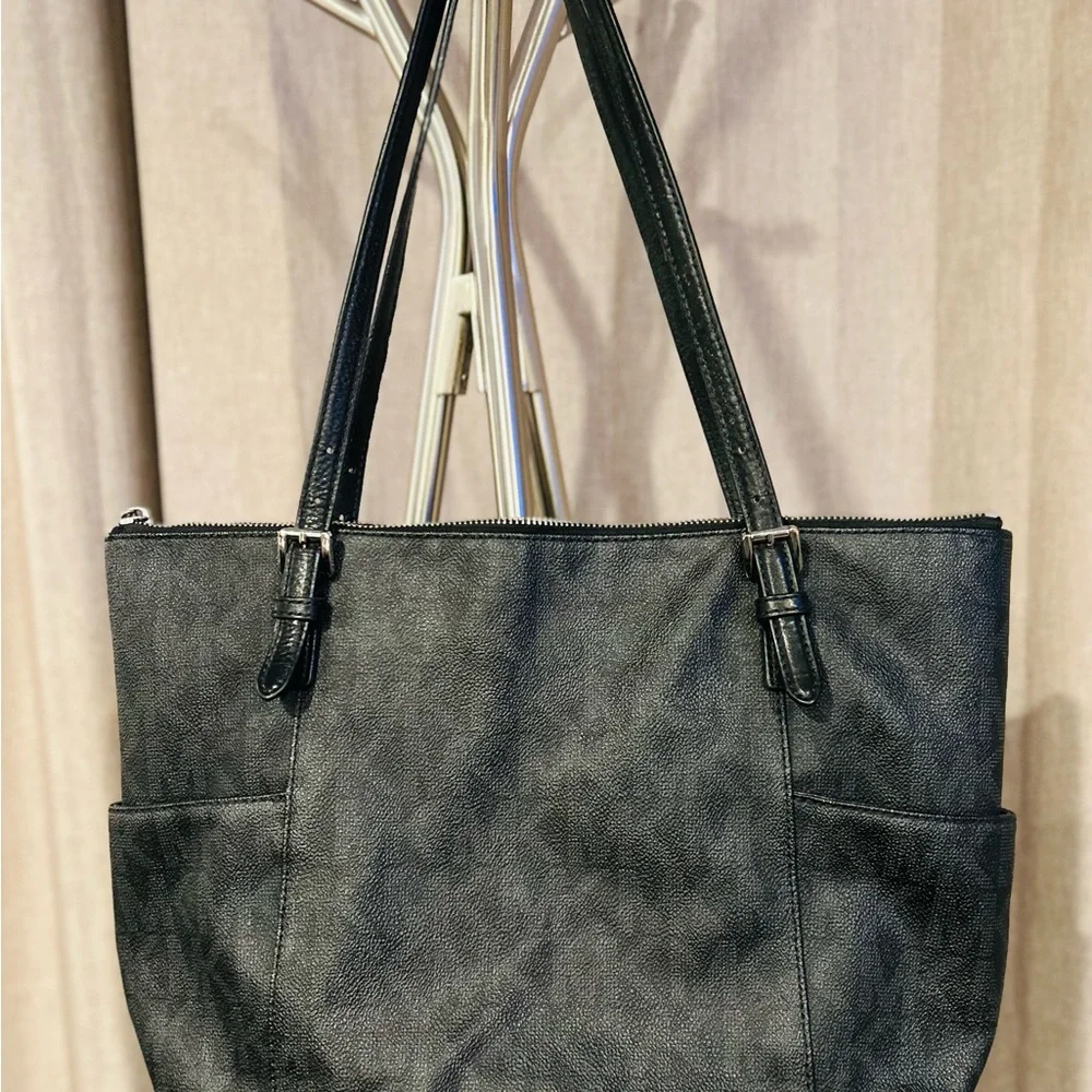 Michael Kors Black Tote Bag with MK logo throughout bag. - Picture 8 of 16